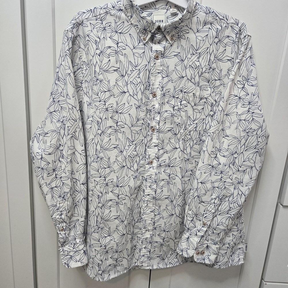 ROWM Men's Floral Button Up Shirt XL White Blue Leaf‎ Print Cotton Casual